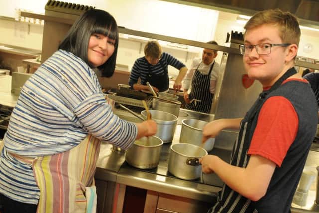 NELSON  08-04-16
Wendy Rostron with son James, jion other budding chefs and food lovers on the Perfect Pasta course, held at the catering department at Nelson and Colne College.